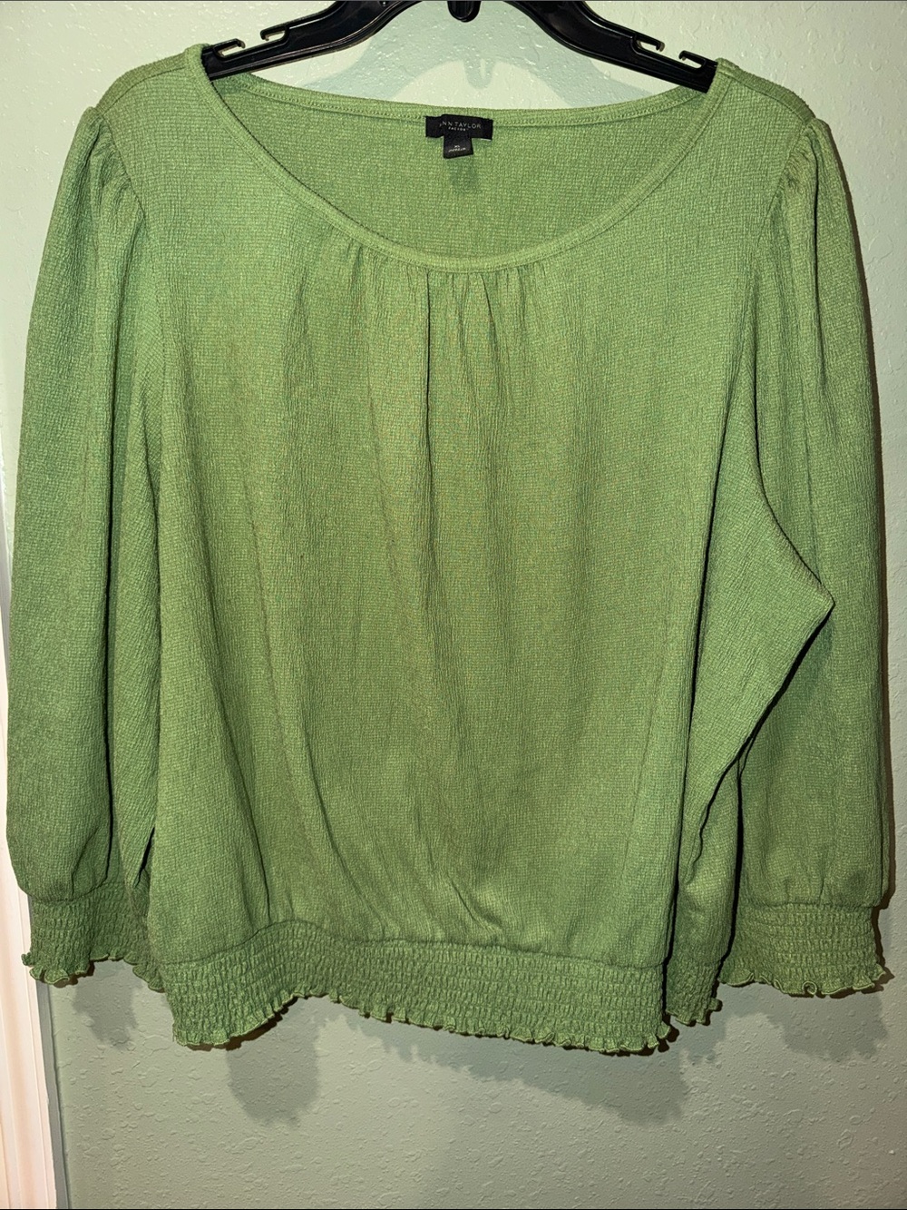 Ann Taylor Factory Light Green Scoop Neck, Long Sleeve Blouse